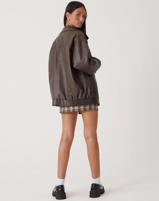 Women's Oversized Collared Faux Leather Bomber Jacket view 2