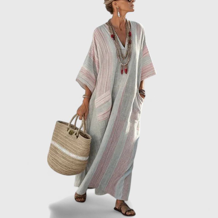 Women's V Neck Three Quarter Sleeve Maxi Dress in Gray