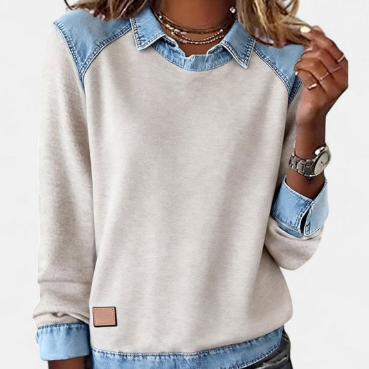 Women's Denim Collar Contrast Trim Sweatshirt