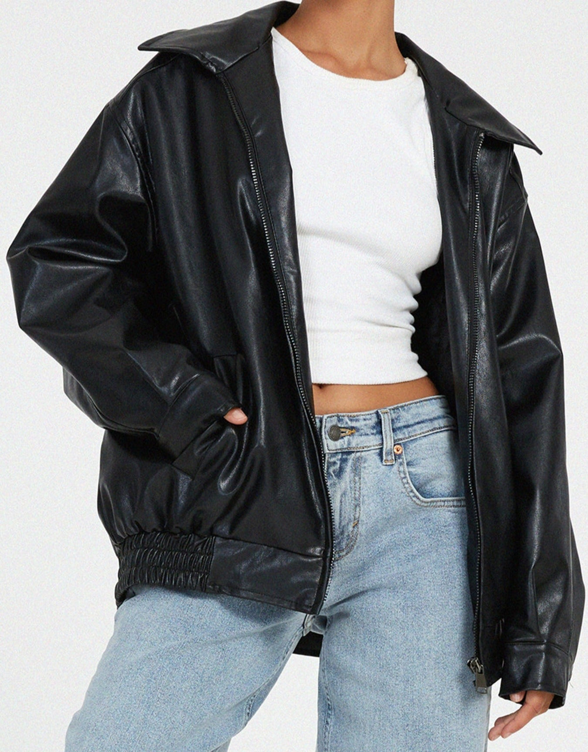 Women's Oversized Collared Faux Leather Bomber Jacket view 7