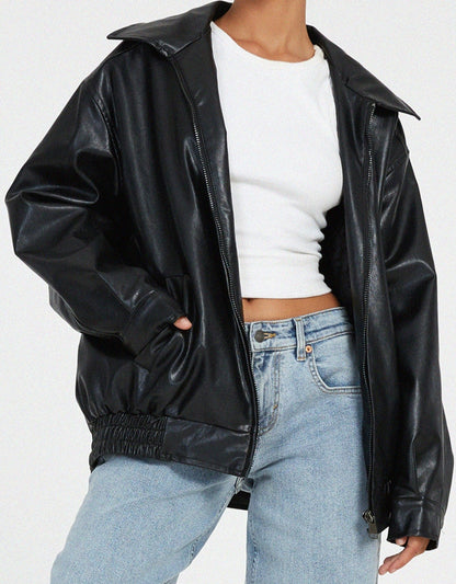 Women's Oversized Collared Faux Leather Bomber Jacket view 7