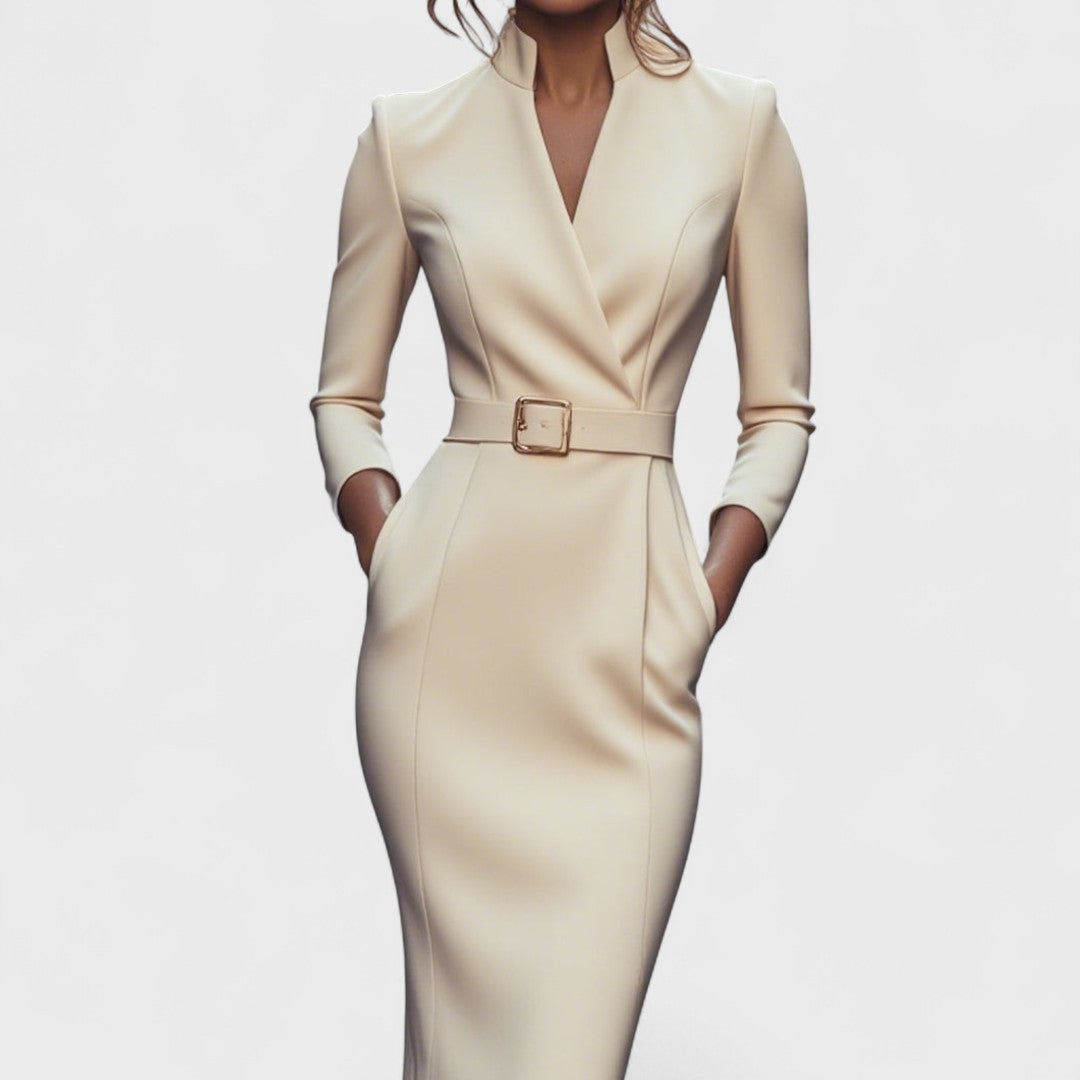 Women's Belted V Neck Long Sleeve Midi Dress with Pockets view 10