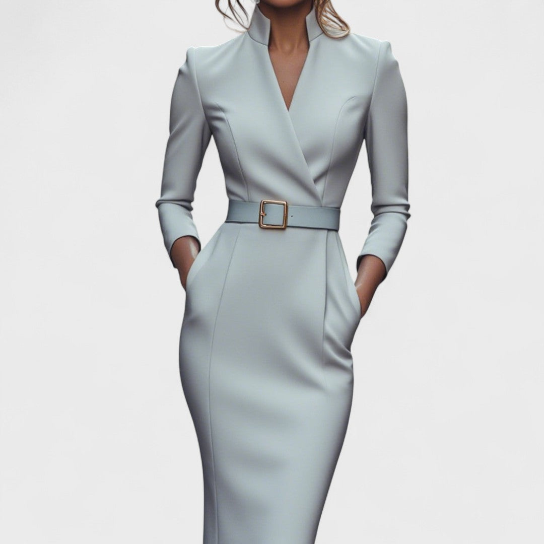 Women's Belted V Neck Long Sleeve Midi Dress with Pockets view 8