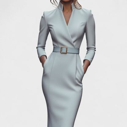 Women's Belted V Neck Long Sleeve Midi Dress with Pockets view 8