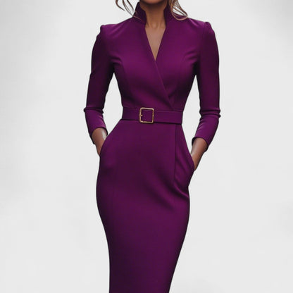 Women's Belted V Neck Long Sleeve Midi Dress with Pockets view 3