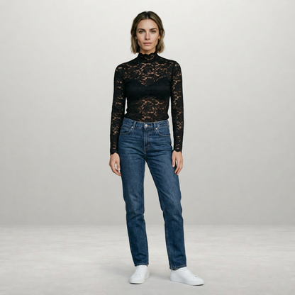 Women's Slim Fit High Neck Long Sleeve Lace Trim T Shirt in Black