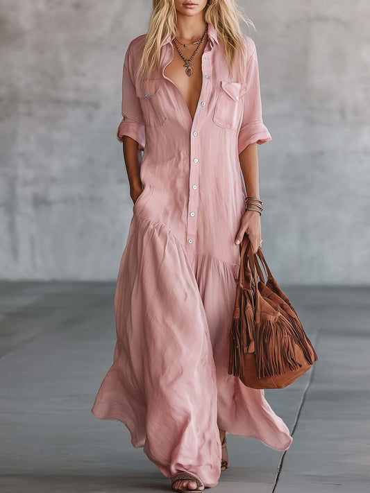 Women's V Neck Short Sleeve Vintage Maxi Dress in Pink