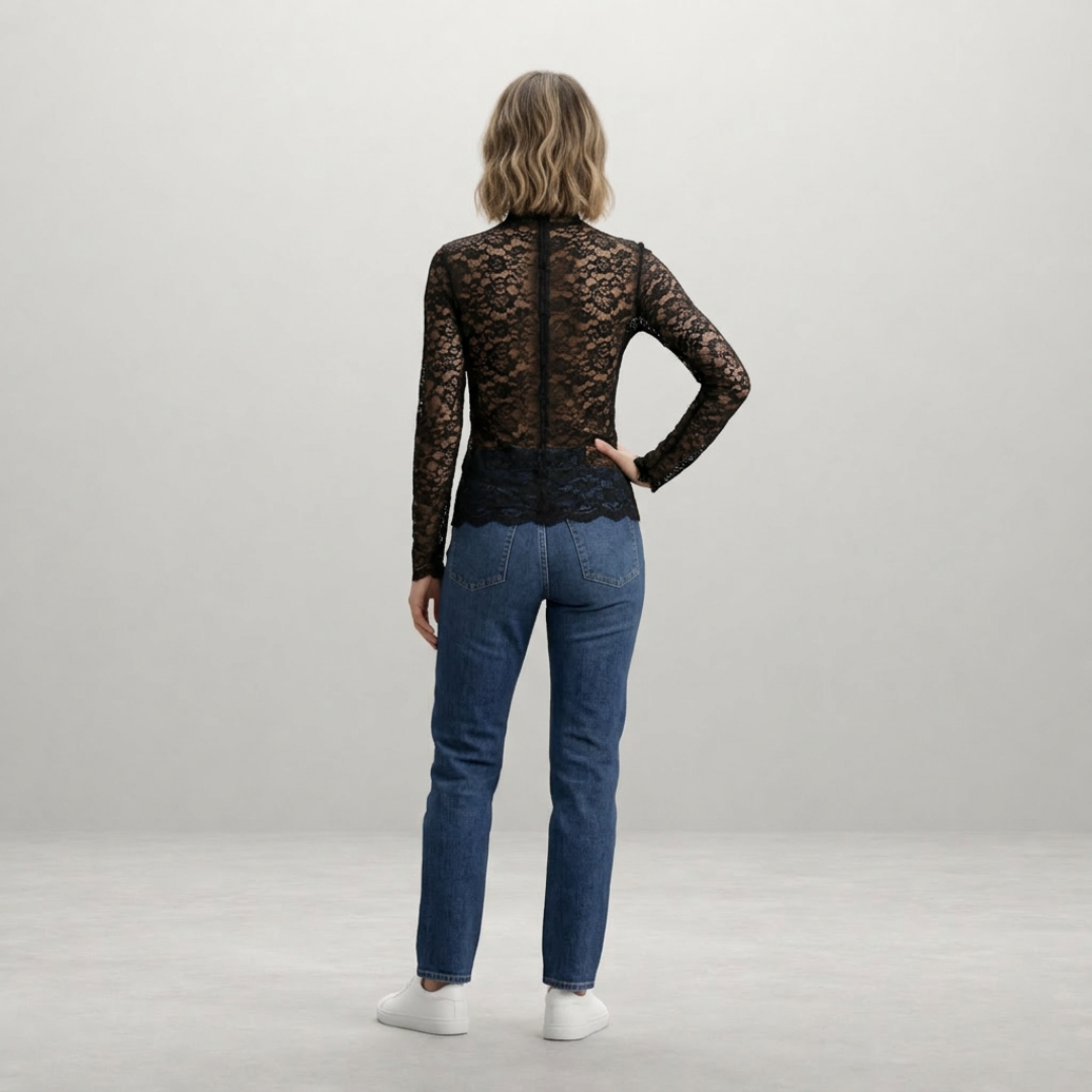 Women's Slim Fit High Neck Long Sleeve Lace Trim T Shirt