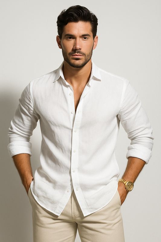 Men's Relaxed Fit Collared Long Sleeve Button Front Shirt in White