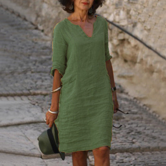 Women's V Neck Relaxed Fit Midi Dress in Army Green