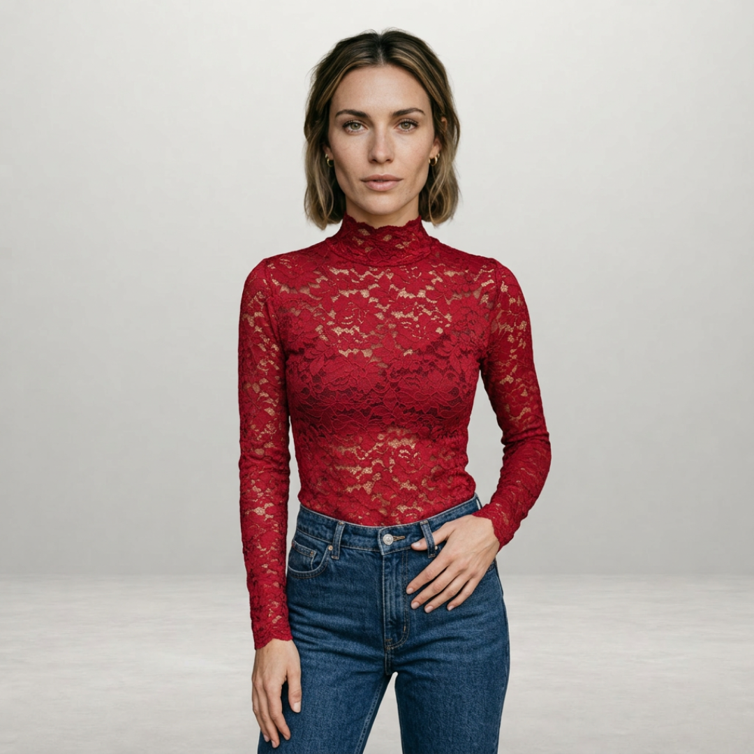 Women's Slim Fit High Neck Long Sleeve Lace Trim T Shirt in Red