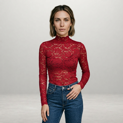 Women's Slim Fit High Neck Long Sleeve Lace Trim T Shirt in Red