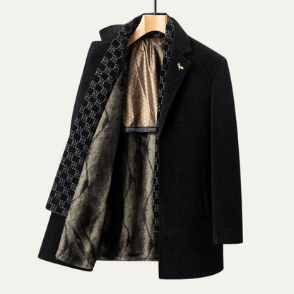 Men's Fur Lined Longline Overcoat with Scarf in Black