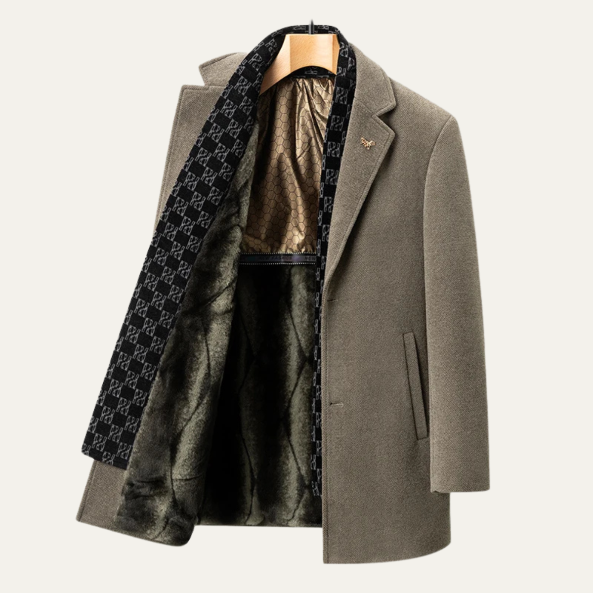 Men's Fur Lined Longline Overcoat with Scarf in Khaki