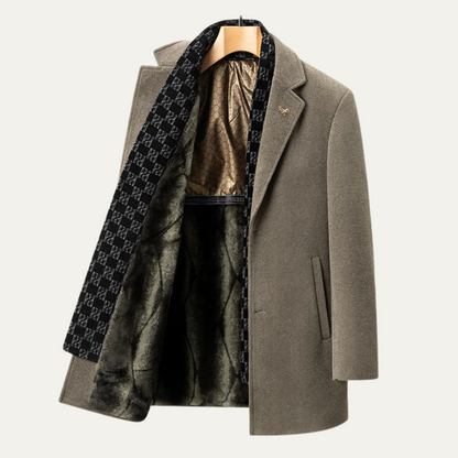 Men's Fur Lined Longline Overcoat with Scarf in Khaki