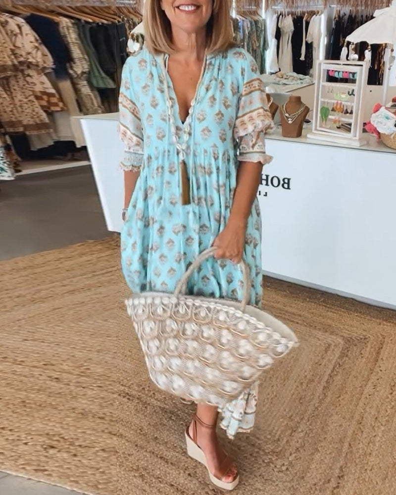 Women's Printed V Neck Maxi Dress