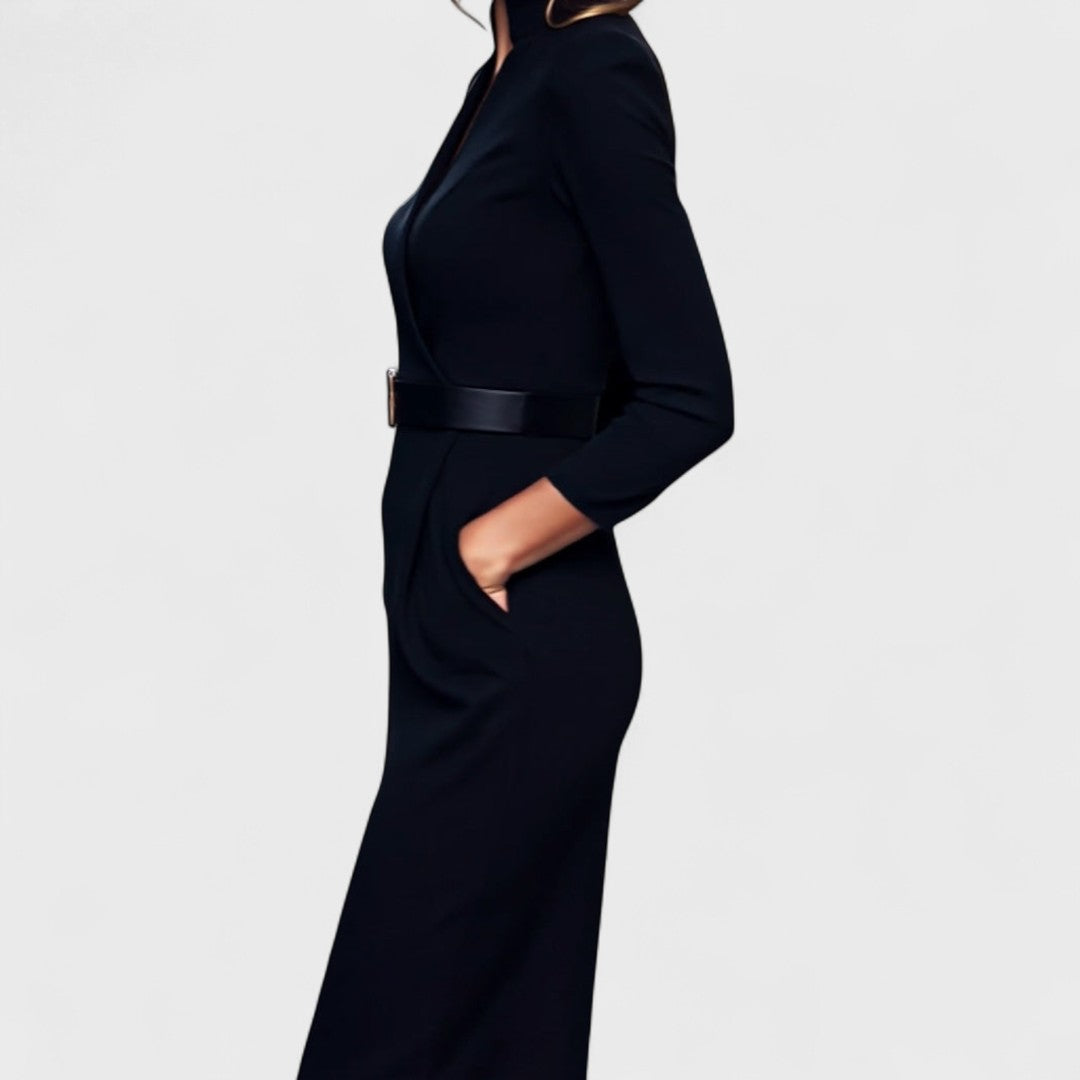 Women's Belted V Neck Long Sleeve Midi Dress with Pockets view 6