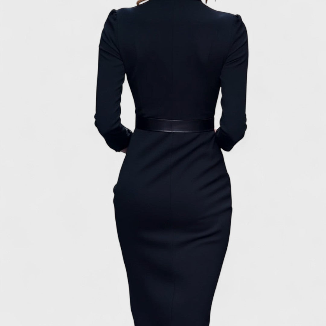 Women's Belted V Neck Long Sleeve Midi Dress with Pockets view 5