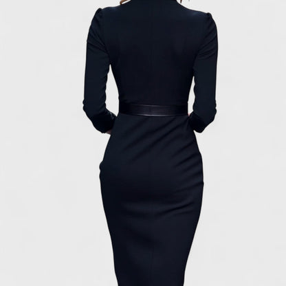 Women's Belted V Neck Long Sleeve Midi Dress with Pockets view 5