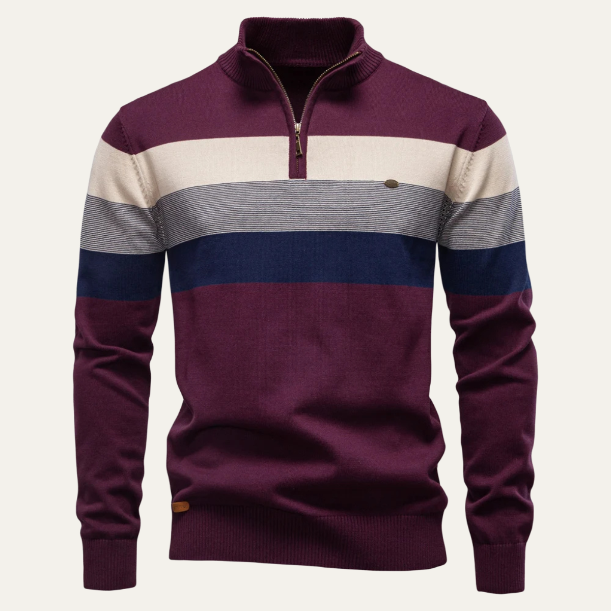 Men's Patchwork Roll Neck Zip Up Stand Collar Jumper in Burgundy
