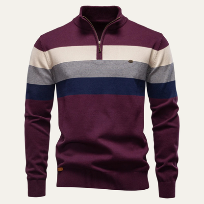 Men's Patchwork Roll Neck Zip Up Stand Collar Jumper in Burgundy