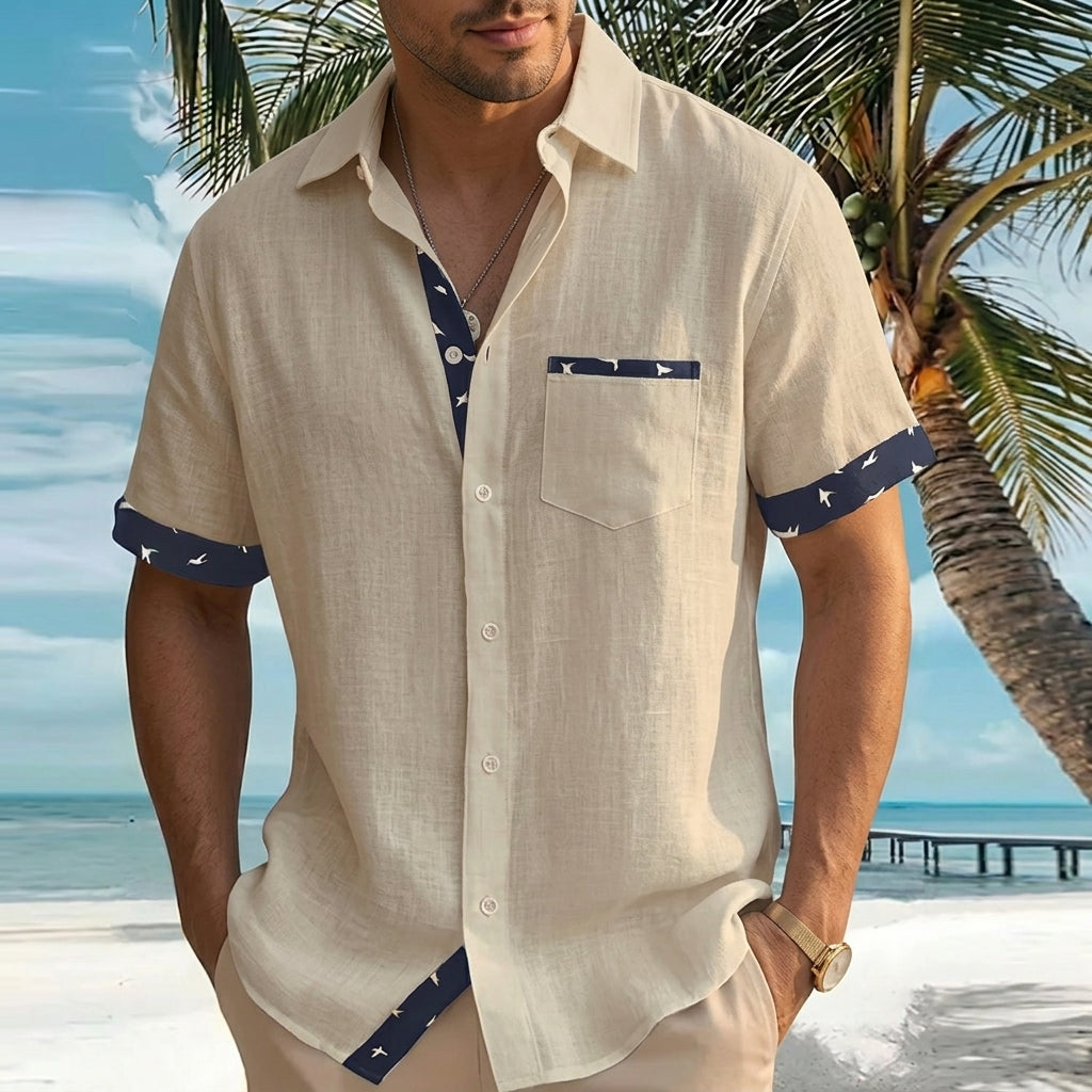 Men's Blue Short Sleeve Shirt in Beige