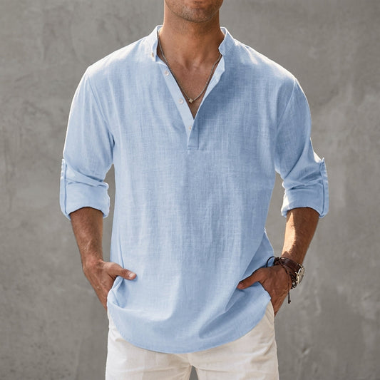 Men's Relaxed Fit Button Front Draped Shirt in Light Blue