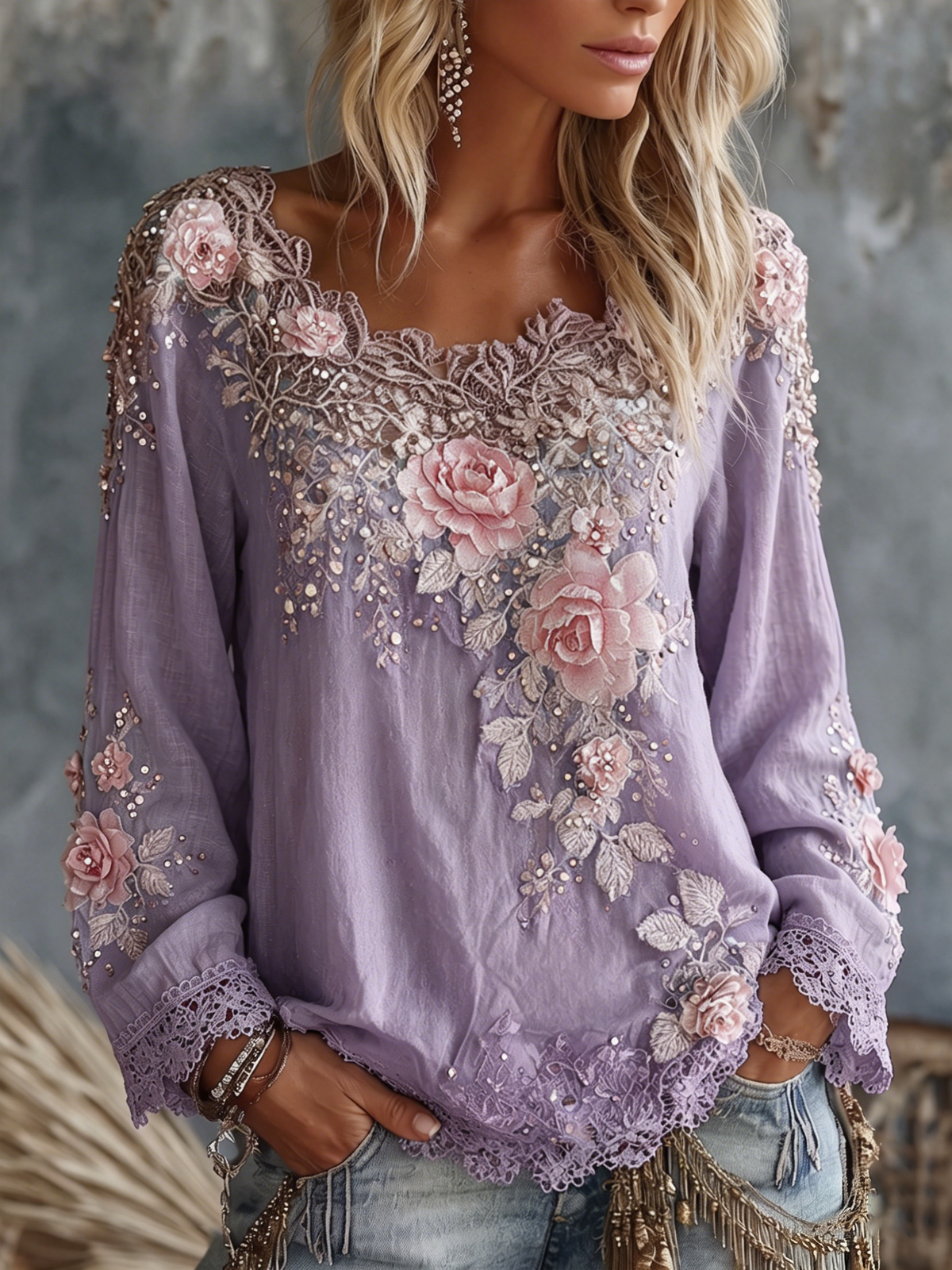 Women's Crew Neck Floral T Shirt in Purple