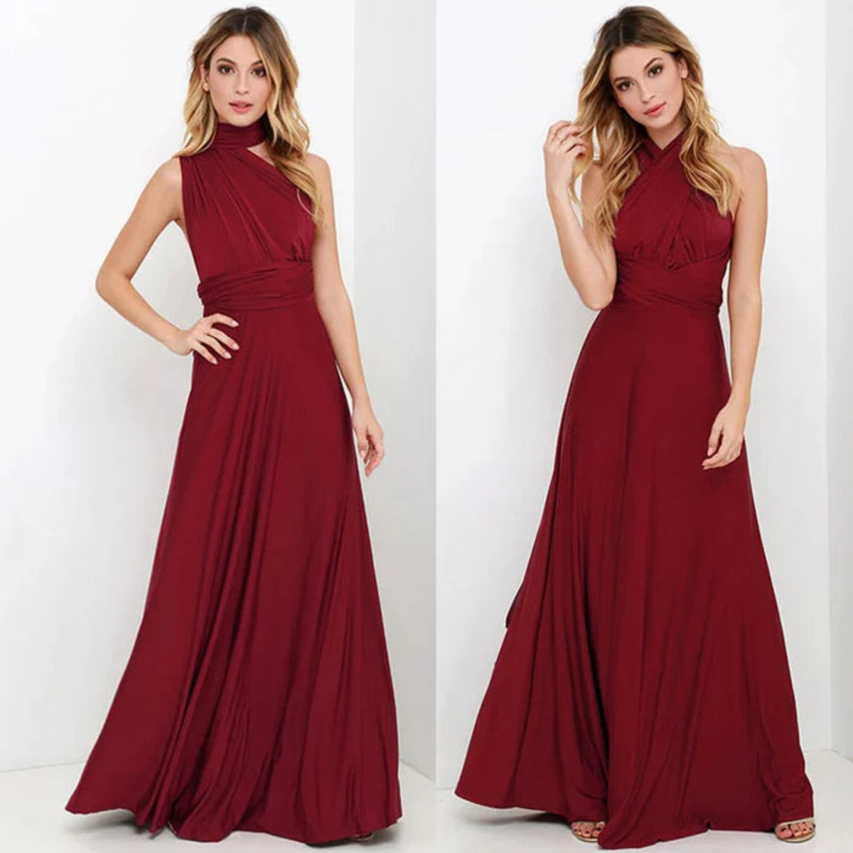 Women's Sleeveless Wrap Front Maxi Dress in Burgundy