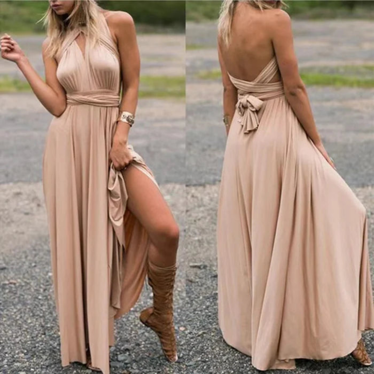 Women's Sleeveless Wrap Front Maxi Dress in Champagne