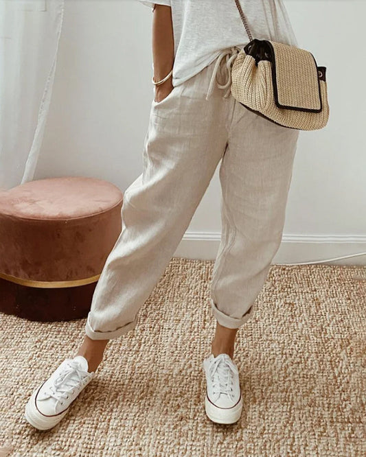 Women's Drawstring Cuffed Tapered Trousers in Beige