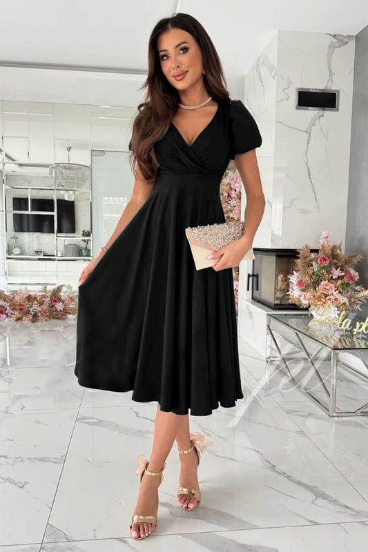 Women's Red V Neck Midi Dress in Black