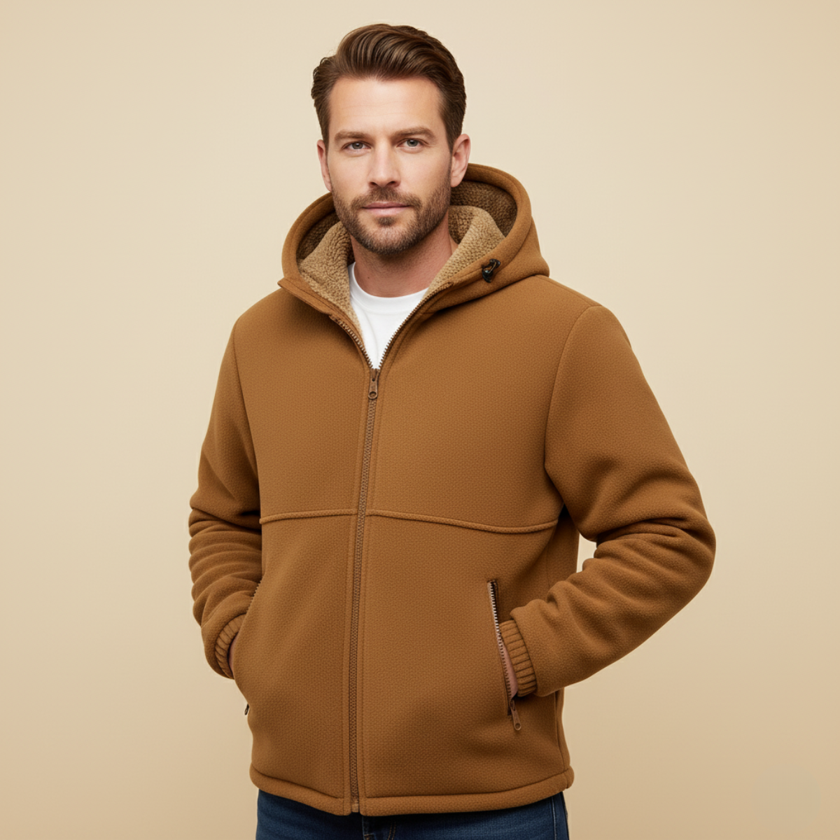 Men's Khaki Hooded Fleece Lined Winter Coat