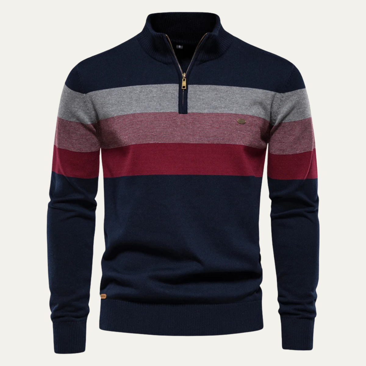 Men's Patchwork Roll Neck Zip Up Stand Collar Jumper in Navy Blue