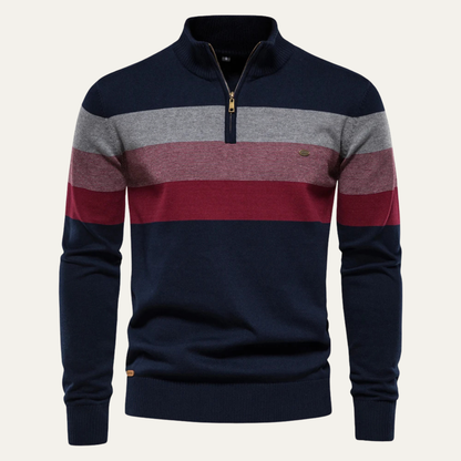 Men's Patchwork Roll Neck Zip Up Stand Collar Jumper in Navy Blue