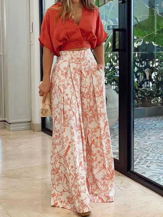 Women's Wrap Crop Top and Floral Trouser Set in Red