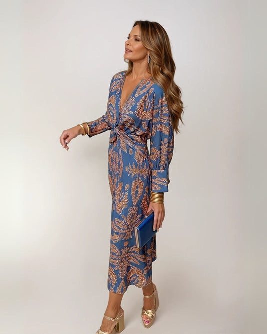 Women's Blue Belted Wedding Guest Dress in Blue