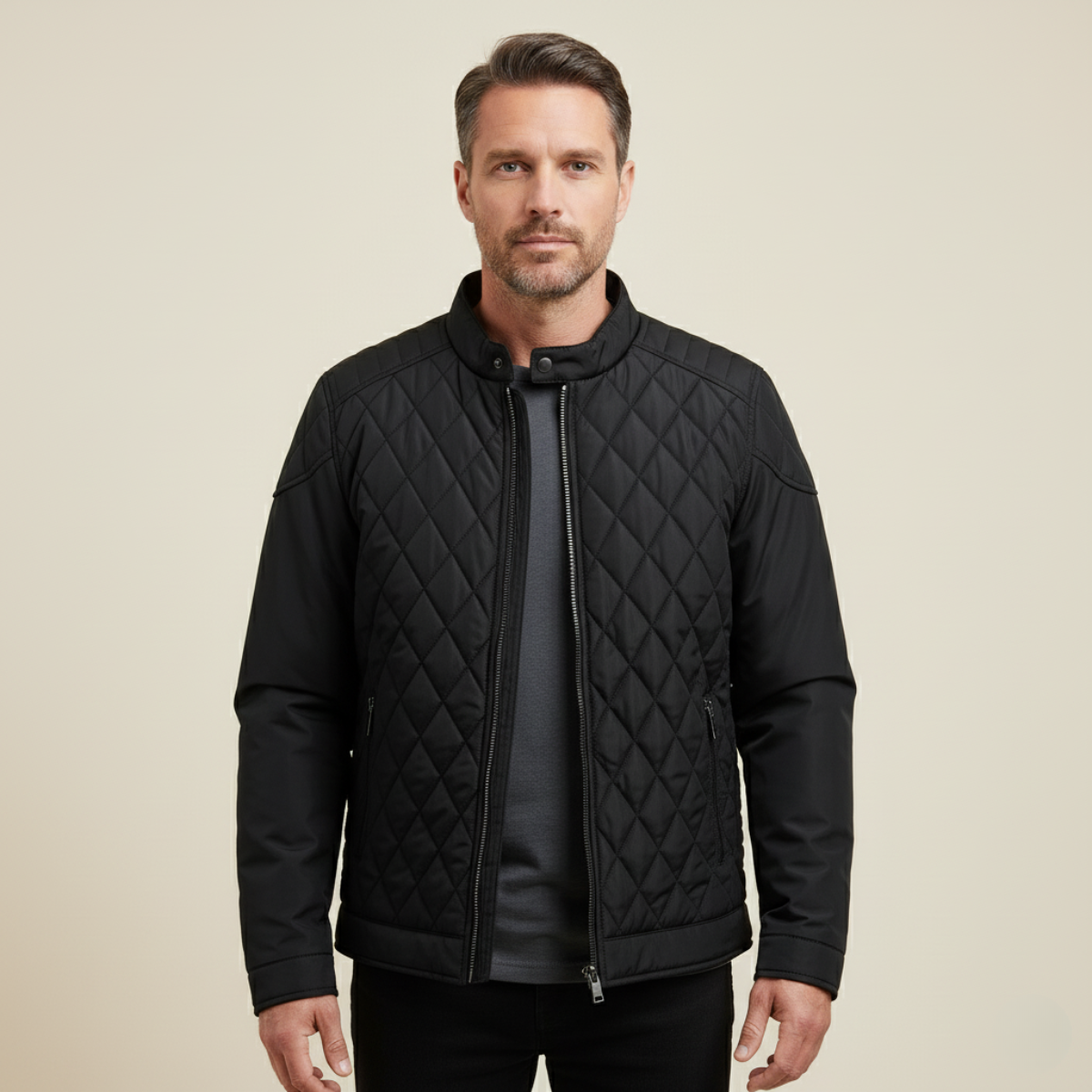 Men's Zip Detail Stand Collar Quilted Jacket in Black
