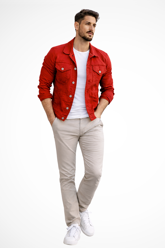 Men's Slim Fit Button Front Denim Jacket in Red