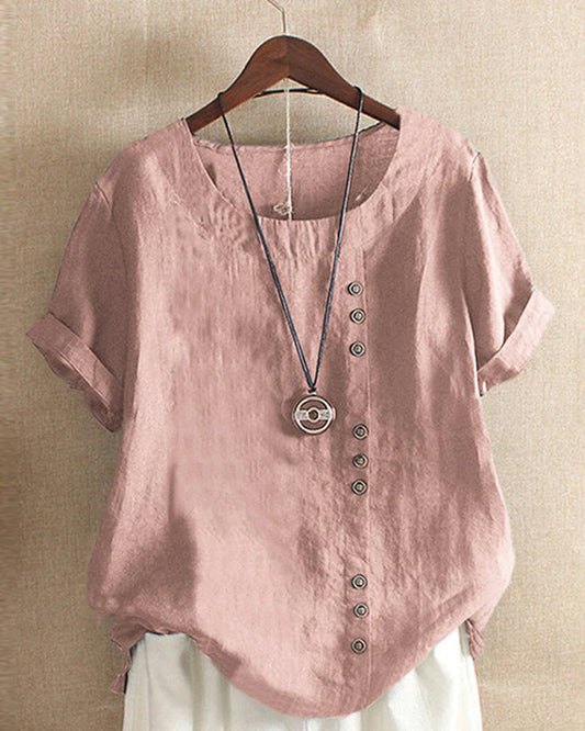 Women's Relaxed Fit Crew Neck Short Sleeve Button Front T Shirt in Pink