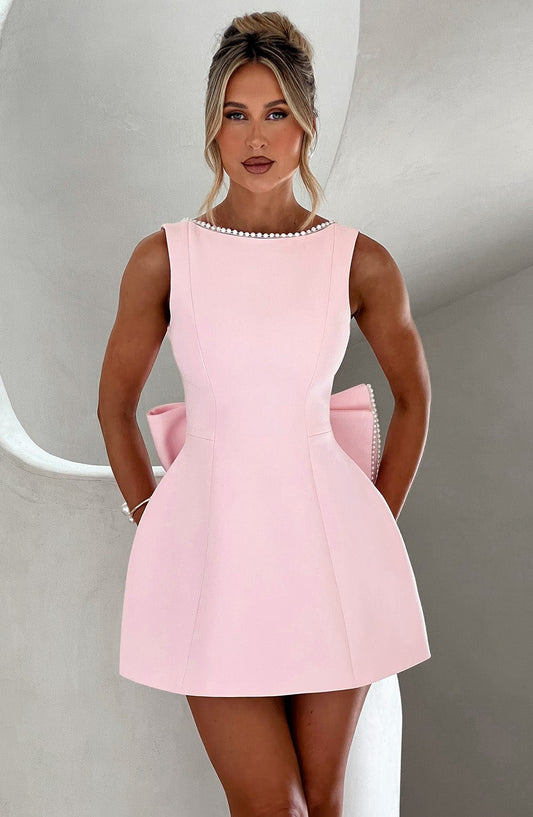 Women's Open Back Bow Detail Mini Dress in Pink