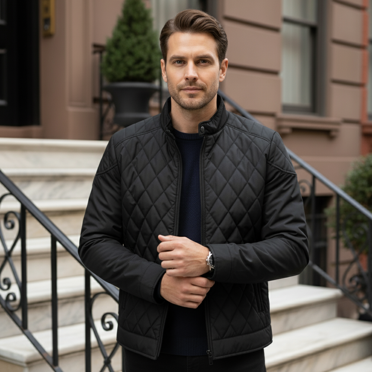 Men's Zip Detail Stand Collar Quilted Jacket