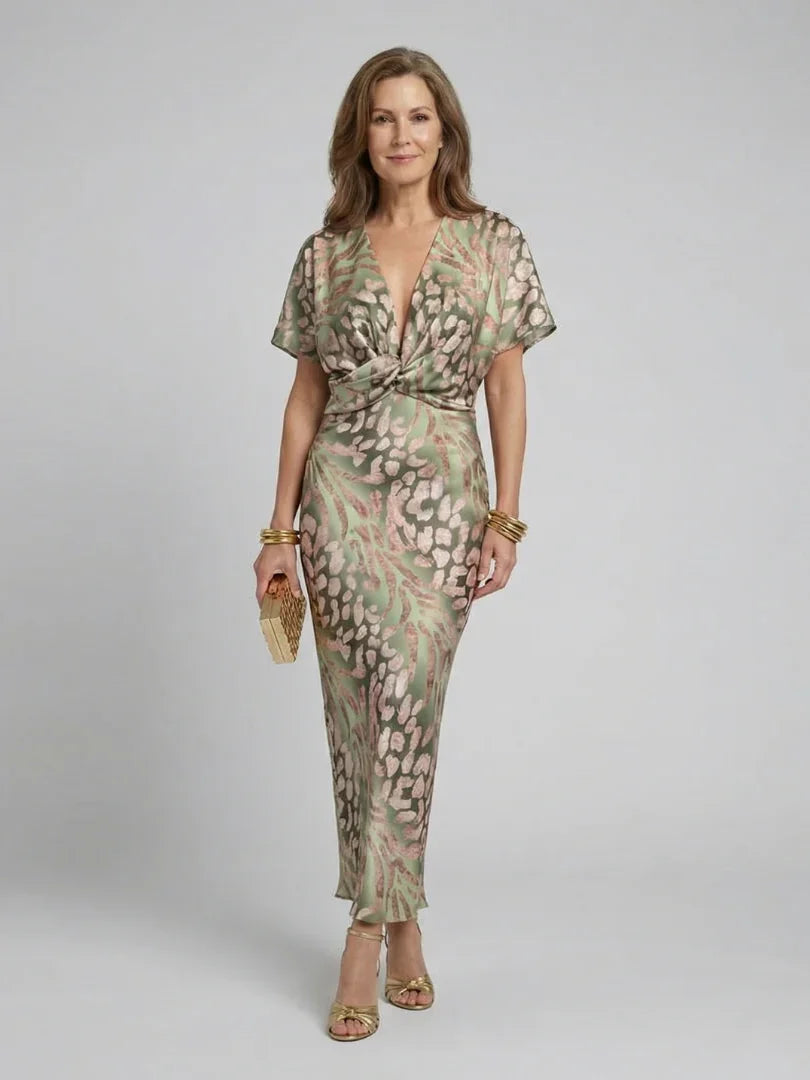 Women's Green Flutter Sleeve Wrap Front Maxi Dress in Green