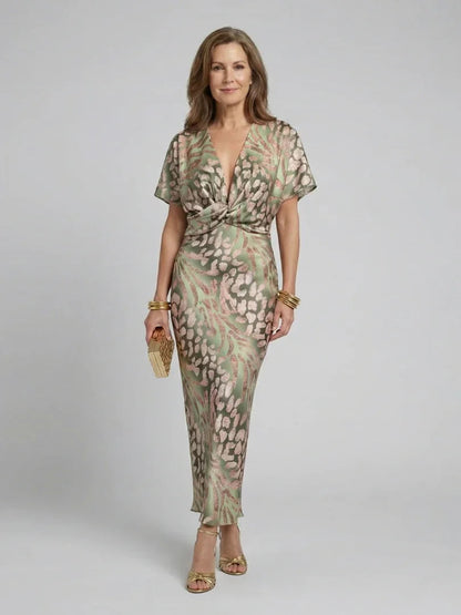 Women's Green Flutter Sleeve Wrap Front Maxi Dress in Green