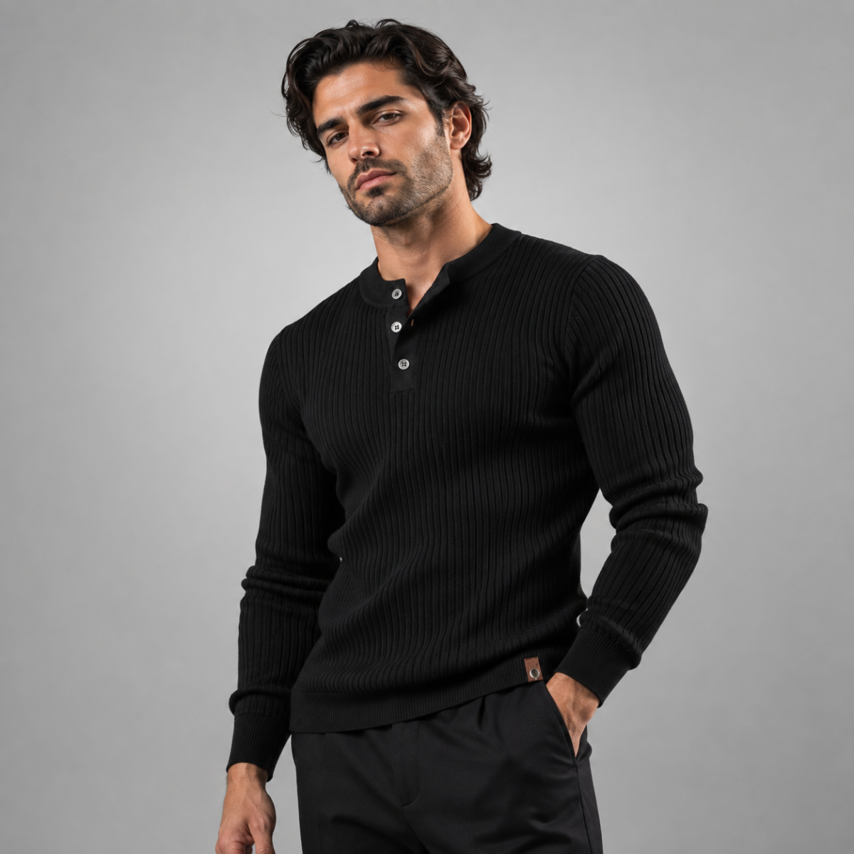 Men's Ribbed Knitted Button Front Jumper in Black