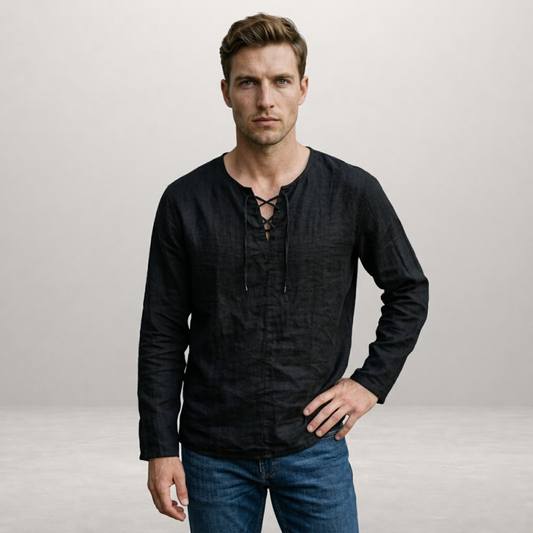 Men's Relaxed Fit Long Sleeve Lace Up Textured Shirt in Black