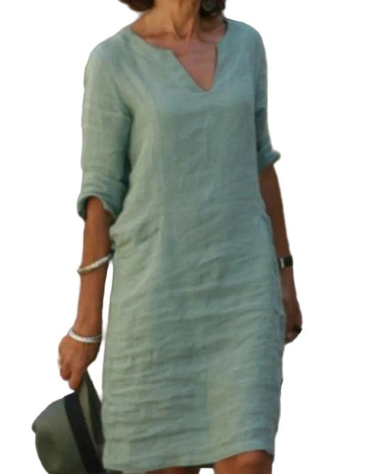 Women's V Neck Relaxed Fit Midi Dress in Green