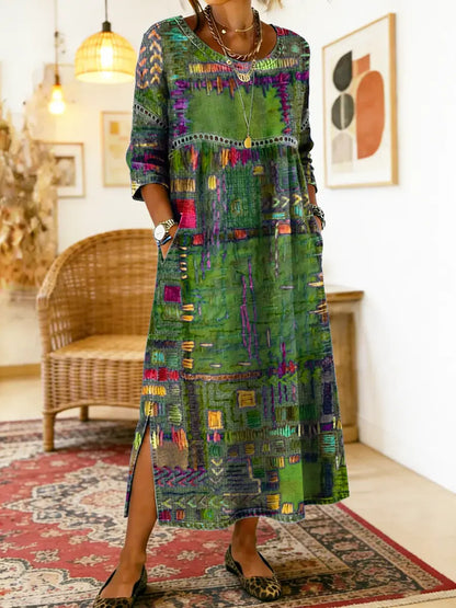 Women's Abstract Print Side Split Midi Dress in Green