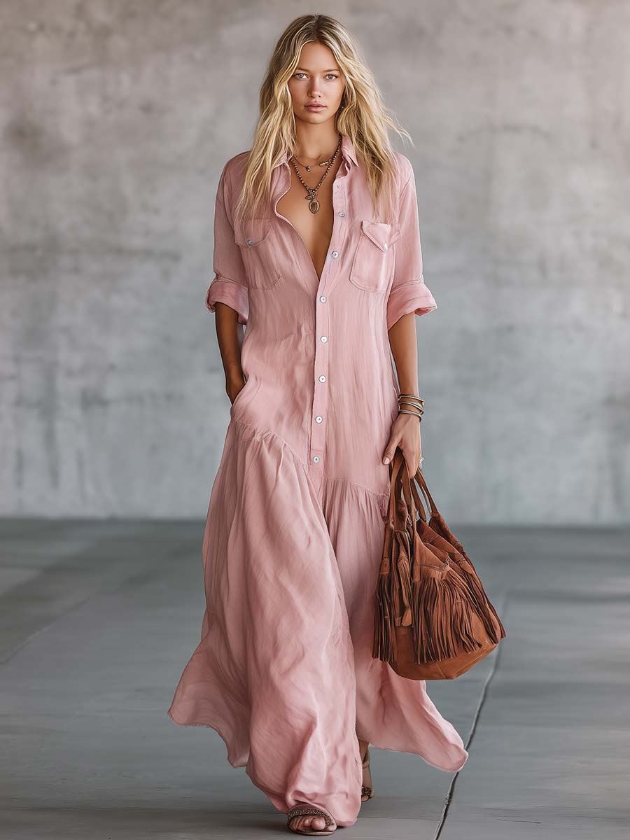 Women's V Neck Short Sleeve Vintage Maxi Dress