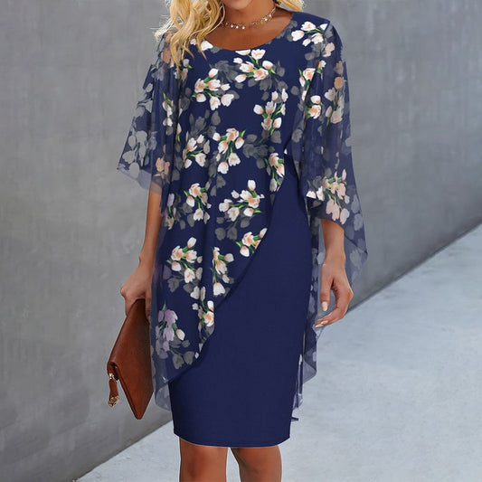 Women's Floral Overlay Three Quarter Sleeve Maxi Dress in Blue